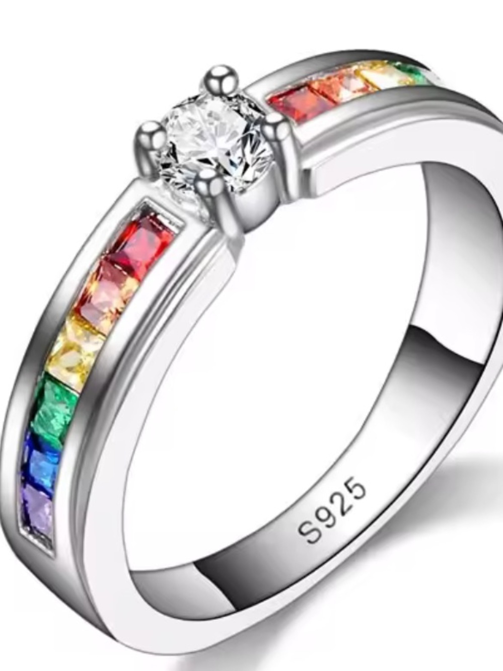 925 Sterling Silver Rainbow Channel Ring with Clear Center Stone